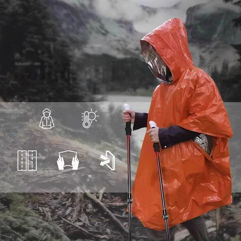 Emergency Poncho Rain - เสื้อกันฝนฉุกเฉินแบบมีฮู้ด กันน้ำและให้ความอบอุ่น พร้อมซับในเคลือบอะลูมิเนียม ผ้าห่มฉุกเฉินสำหรับการเอาตัวรอด เหมาะสำหรับการตั้งแคมป์